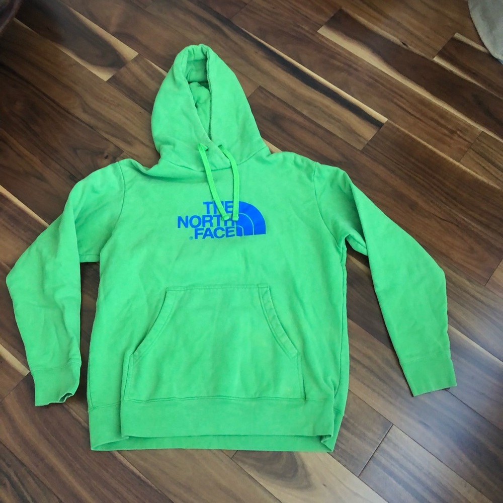 THE NORTH FACE KELLY GREEN MENS HOODIE SIZE LARGE HAS ROYAL BLUE LETTERING EUC